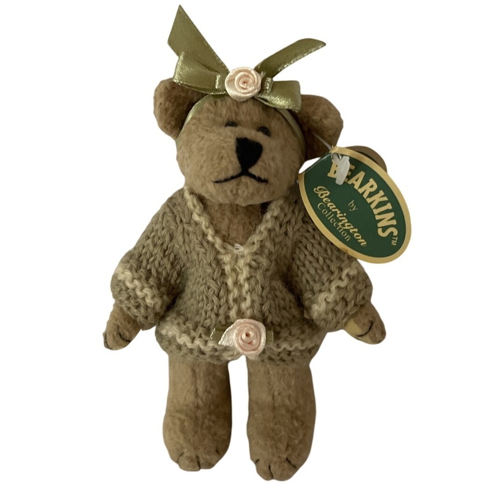 Bearington Collection Bearkins Plush Teddy Bear Brown Green‎ Ribbon Flower Knit